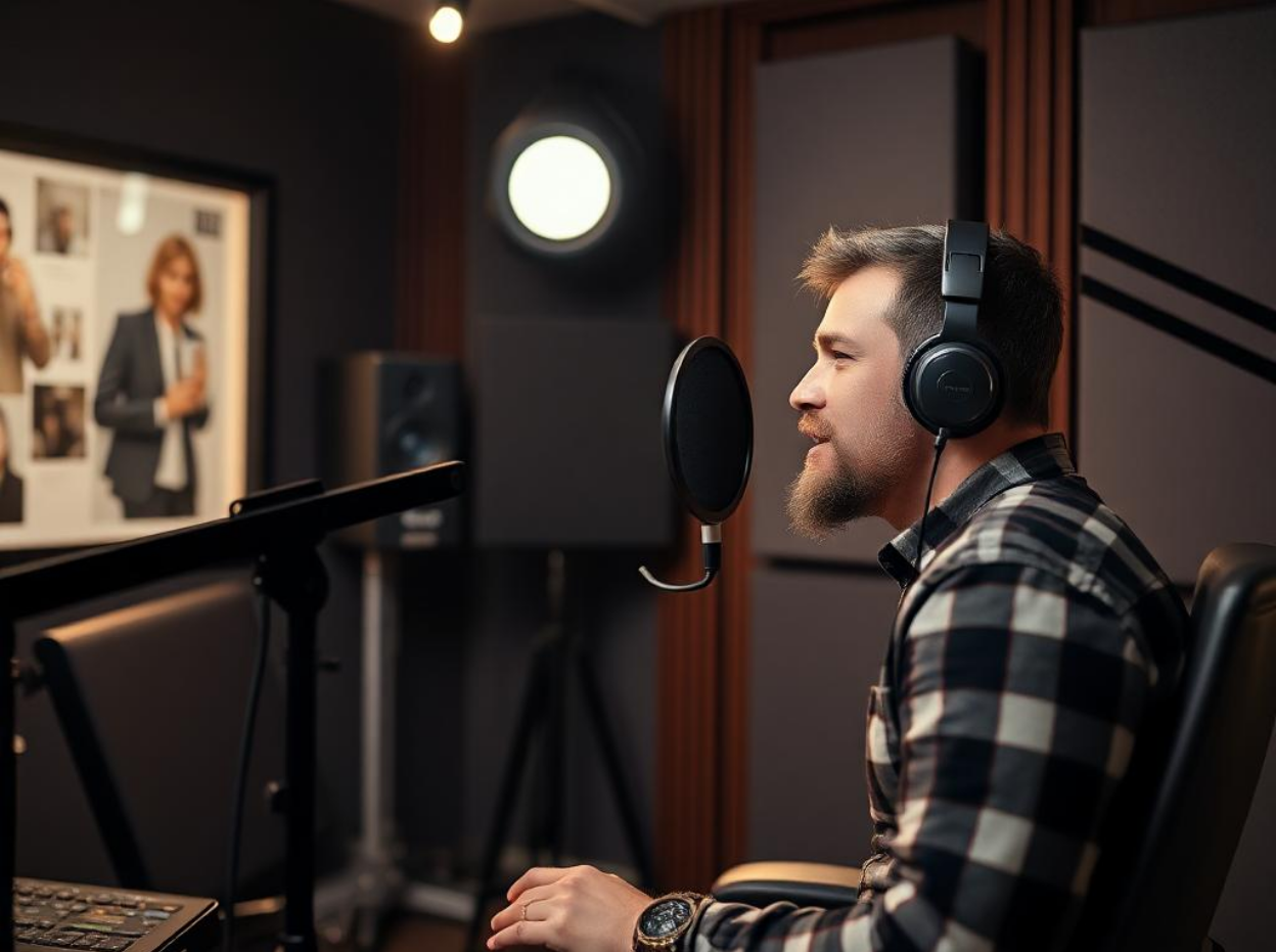 Man in a recording booth doing a voiceover