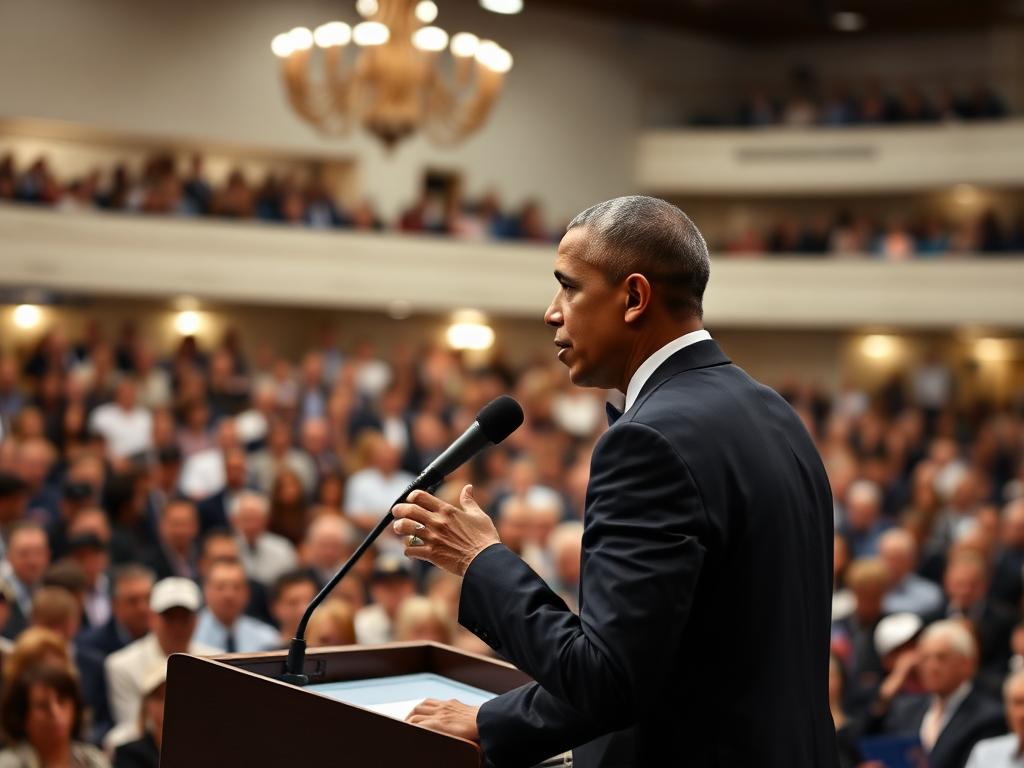 Barack Obama giving a speech to a crowded room